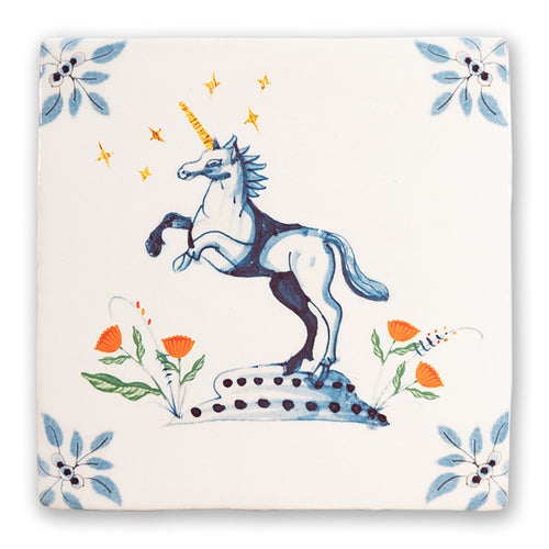 StoryTile - Sparkle like a unicorn: een magische eenhoorn op een tegel in Delfts Blauwe stijl