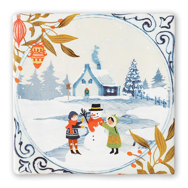 StoryTile - Mister Snowman. Deze tegel toont 2 kinderen die een sneeuwpop maken in een sneeuwlandschap. Leuk kerstcadeau. 